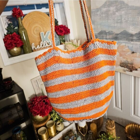 Orange & Grey Crochet Tote Bag by Kat. Man.Doo – Made in Nepal – Cotton – Small - Picture 12 of 14